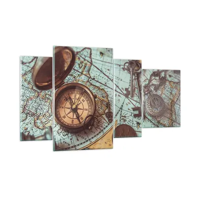 Produktbild von Bilder auf glas - 4 Teile - Kompass Vintage Karte - 120x70cm - Glasbilder - Wandbilder - Bilder - zum Aufhängen bereit - Wanddekoration aus Glas - Glas Bilder - Wandbild auf Glas - GDL120x70-4302