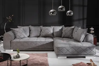 Produktbild von riess-ambiente Modernes XXL Ecksofa DECADENCIA 320cm silbergrau Samt inklusive Kissen Eckcouch Couch Sofa