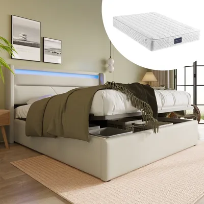 Produktbild von okwish Polstebett 160x200cm Doppelbett mit hydraulischem Stauraum,Bettgestell mit Lattenrost, Bettkasten und LED-Beleuchtung, weiß (mit Matratze)