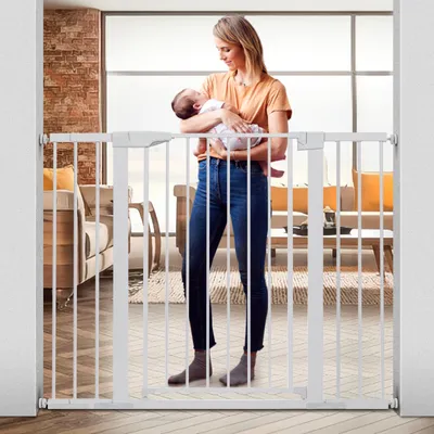 Produktbild von 91cm extra Türschutzgitter für Kinderschutzgitter, Stop N 75 bis 124cm breit, Auto Close extra breites Hundetor für Haus, Druck montiert Einfacher Durchgang Haustiertor, weiß
