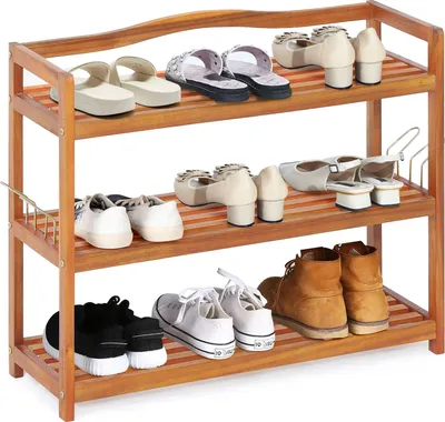 Zdjęcie produktu dla COSTWAY 3-poziomowy stojak na buty z drewna akacjowego, stojak na buty z metalowymi haczykami, przechowywanie butów do 12-18 par, półka stojąca 74 x 26 cm