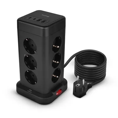 Zdjęcie produktu dla Huslog przedłużacz pionowy 12 gniazd HUS1051 tower 3680 W 4x USB USB-C 1,8 m ochrona przeciążeniowa