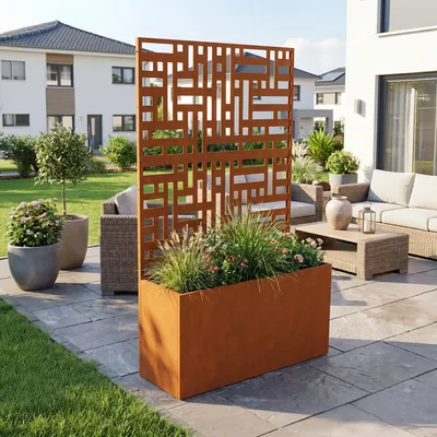 Produktbild von Trennwand ‘Bernalda’ mit Blumenkasten Rollen Stahl 146 x 83 x 31 cm Edelrost