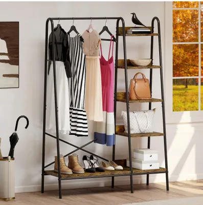 Produktbild von BALCONERA Garderobenständer mit Schuhaufbewahrung, 5 Ablagen, Freistehender Kleiderständer, Kleiderstange, Schwarz & Vintagebraun