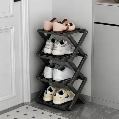 Image de Étagère à chaussures pliable, 4 niveaux, en bambou, noire, autoportante