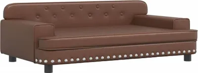 A brown dog bed designed to look like a miniature sofa, shown from a front-side angle against a white background.
