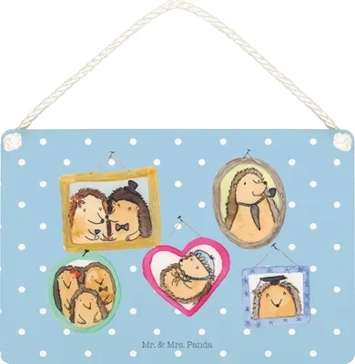 Produktbild von Mr. & Mrs. Panda Holzschild Igel Familie DIN A5 - Blau Pastell - Geschenk, wandhänger, Deko Wandbild, Bilder, Holz, Türschild, Muttertag, Mama, Bruder, Schild
