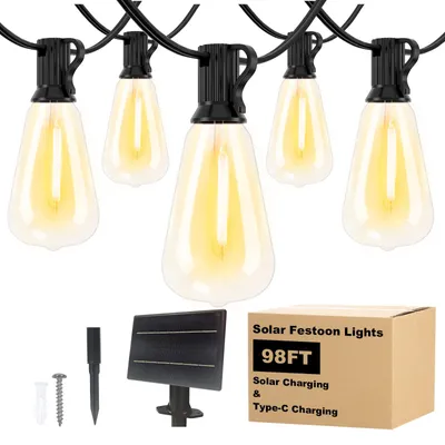 Solar-Festons-Lichterkette 30 m, 37 warmweiße LED-Lampen, Außenbereich