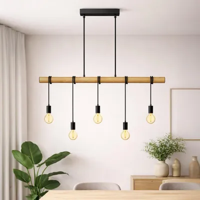 Image de B.K.Licht Suspension Luminaire Industriel I Plafonnier lustre en Bois E27 I noir mat I Lustre vintage I plafonnier rétro I sans ampoule I pour salon, salle à manger
