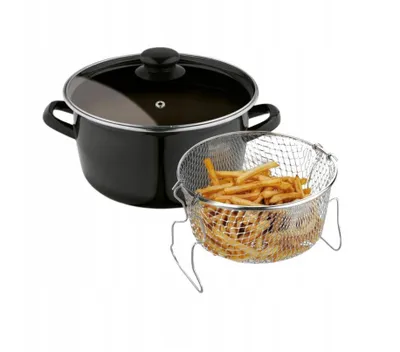 Imagen del producto de Juego de ollas fritas esmaltadas Tadar de 3,2 litros | Olla para patatas fritas con inserto colador y tapa de vidrio | Apta para inducción y gas | Olla versátil para pasteles y carne | S