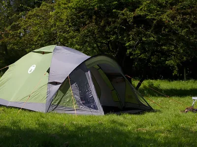 A green and gray camping tent set up on a grassy field with trees in the background.