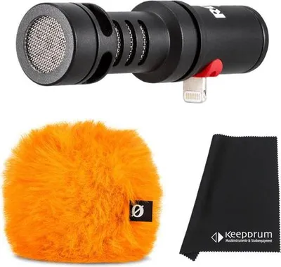 Immagine prodotto di Rode Videomic Me-L con parabrezza arancione e panno