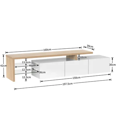 Obrázek produktu pro okwish moderní TV stolek 197,5x39x42 cm, stylový a elegantní design, praktický úložný prostor, vysoký lesk-černá, dřevěný vzhled, skleněná police, LED osvětlení (bílý)