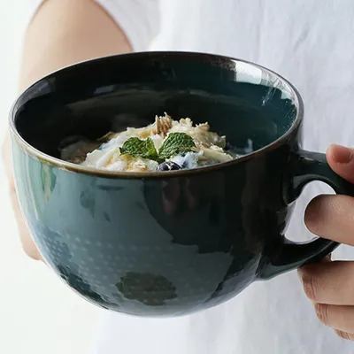 Image de Grande tasse en céramique de 700 ml, vert foncé, en grès, avec anse, idéale pour le café et la soupe
