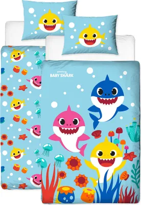 A collage of bedding items featuring Baby Shark characters.