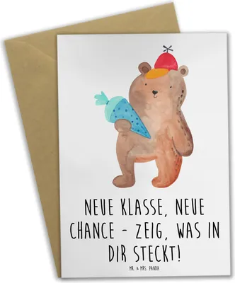Produktbild von Mr. & Mrs. Panda Grußkarte Erster Schultag Neue Klasse - Weiß - Geschenk, Lebenshilfe, einladungskarten, osterkarte, Zuversicht, Grußkarten, Motivation, Vorfreude, Trost