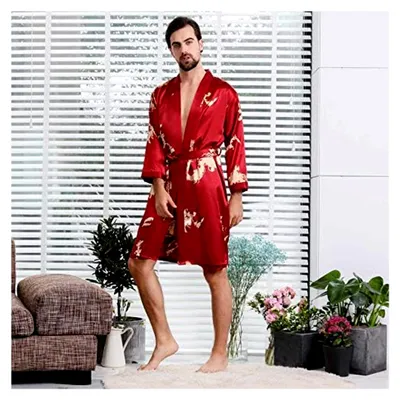 Produktbild von Herren-Kimono-Bademantel aus Satin mit V-Ausschnitt und langen Ärmeln