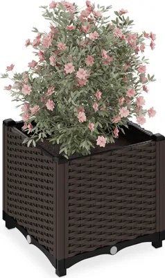 Zdjęcie produktu dla Donica Relaxdays, imitacja rattanu, wymiary: 38 x 40 x 40 cm, do ogrodu, na balkon i taras, donica z zbiornikiem na wodę, brązowa
