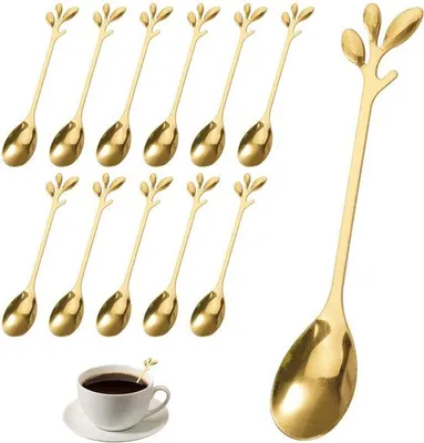 Produktbild von Unyqoos® 12er-Set elegante blattförmige Kaffeelöffel & Dessertlöffel, goldfarbenes Edelstahl, poliert, 12 cm