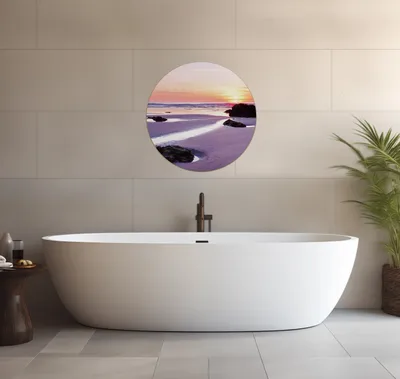 Produktbild von Wallario wasserfestes Poster selbstklebend 60 x 60 cm, Sonnenuntergang am einsamen Strand, Badezimmerposter Spritzschutz mit Hochglanzoberfläche in Glasoptik