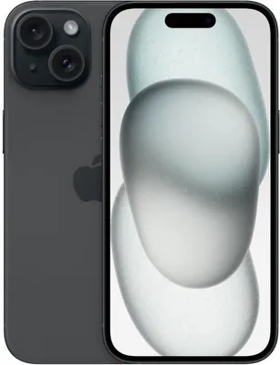 A dark gray iPhone 15 is shown from the back and side, with its screen displaying a blurred abstract wallpaper.