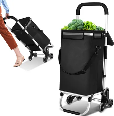 Produktbild von Clanmacy 3in1 Einkaufstrolley Trolley 40 Liter bis 40 kg klappbar abnehmbare Tasche Aluminium Stabil Schwarz 6 Rollen