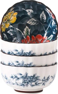 Produktbild von Unyqoos® Keramik-Frühstücksschalen 4er-Set – Ø 12,5 cm (5 Zoll), 400 ml, japanisches Pfingstrosen‑Muster, spülmaschinen- & mikrowellengeeignet, für Salat, Suppe & Reis