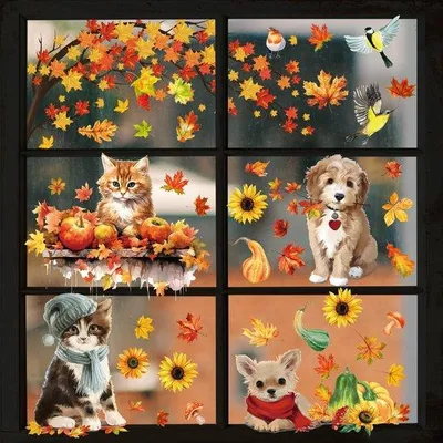 Produktbild von Herbstliche Thanksgiving Dekoration Fenstersticker Ahornblätter Haustier