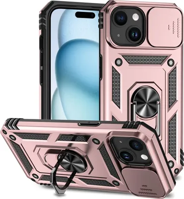A rose gold iPhone 15 case with a sliding camera cover and a ring holder stand, shown from multiple angles.