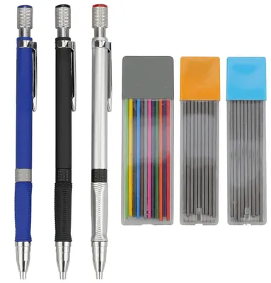 Produktbild von Druckbleistifte Set 3 Stück 2mm HB & 2B Minen mit Radiergummi & Anspitzer