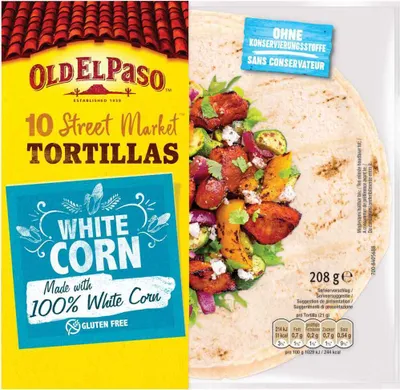 Produktbild von Old El Paso Street Market White Corn Tortillas, 208 g, 253 kcal, 1068 kJ, 5 g, 4,5 g, 3,5 g