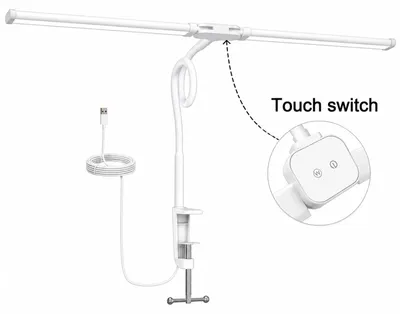 Produktbild von LED-Schreibtischlampe mit Doppelleuchten, Tischklemme, 3 Lichtfarben, 10 Helligkeitsstufen, Touch-Steuerung, USB, 13 W - Weiß