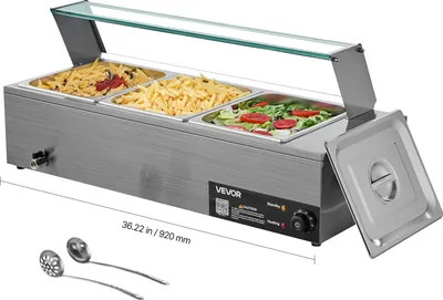 Immagine prodotto di VEVOR scaldavivande commerciale (3 contenitori da 1/2), scaldavivande elettrico in acciaio inox da 1,5 kW con coperchio in vetro e mestolo per zuppa, scaldavivande per catering, ristorante e party