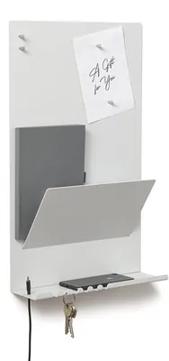 Image de Organiseur mural en acier 30 x 9 x 49 cm. Étagère murale 3-en-1 avec tableau magnétique et aimants. Tableau pour les clés, les journaux et les notes. Blanc.