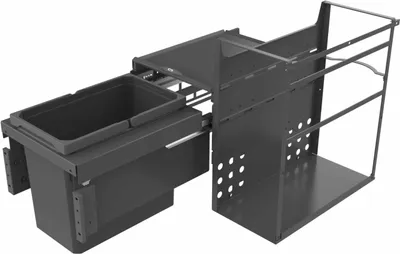 A pull-out kitchen cabinet organizer with a trash bin and storage shelves.