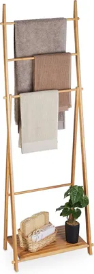Image de Porte-serviettes en bambou - 4 barres et étagère - Support de serviettes autoportant - 153 x 53,5 x 30 cm - Étagère de salle de bain - Naturel