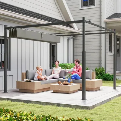 Image de Pergola env. 3 x 3 m Abri de terrasse indépendant avec toit coulissant, patin magnétique, colonne de 8 cm Résistant aux UV