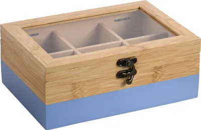 Produktbild von KESPER Teebox Bambus – 6 Fächer – blau mit Sichtfenster & Metallverschluss – 21,5 x 15 x 8,5 cm – Teekiste, Teeaufbewahrung, 58942