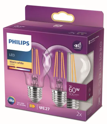 Image de Pack de 2 LED E27 Normal 7W (60W) Transparent 806lm