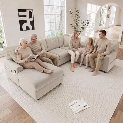 Produktbild von Merax U-förmiges Ecksofa, 6-Sitzer Wohnlandschaft mit Chaiselongue, Magazintaschen, Modernes Sofa mit USB Type-C Anschluss, Chenille Cord, Beige
