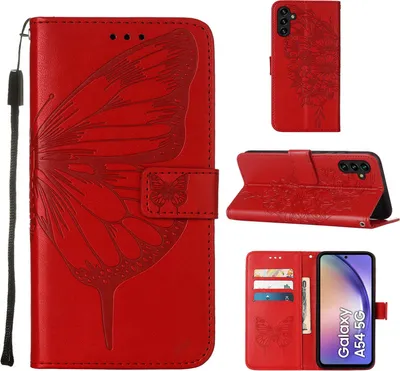 Produktbild von Lederhülle für Samsung Galaxy A54 Schmetterling Prägung Flip Ledertasche Kartenfächer Handyhülle mit Ständer Rot