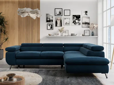 Produktbild von Ecksofa Sofa Blau, Wohnlandschaft L-Form mit Schlaffunktion und Bettkasten, Schlafsofa mit Bettkasten, Sofa mit Einstellbare Kopfstützen, Peter L - Dunkelblau Velvet - Rechts Blau