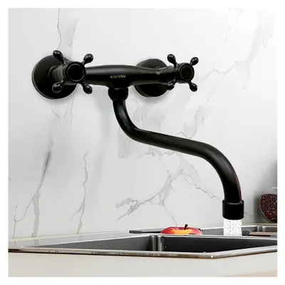 Produktbild von Schwarze Wandarmatur für die Küche, 360° drehbare Küchenarmatur aus Messing mit Doppelhebel, Wand-Wasserhahn für Spültisch, Schwenkarm 20 cm lang