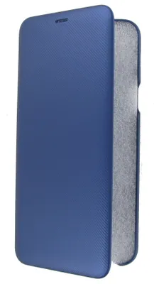 A blue flip cover for a smartphone is shown against a white background.