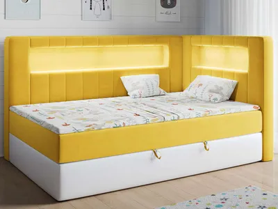 Produktbild von Polsterbett 90x200, Kinderbett mit LED, Matratze und Topper - JUNIOR-GOLD-3 - Gelb/Weiß - Rechte Seite