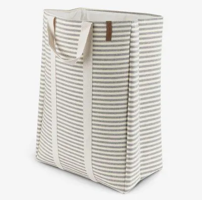 Image de Lavabo à rayures – Lavabo pliable avec poignées – Compact et léger – Gris/blanc – 25 x 40 x 55 cm