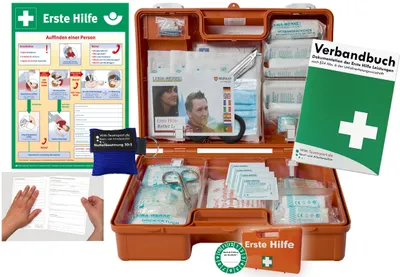 Produktbild von Verbandskasten (M) Typ N -Paket 2- aktuelle Erste Hilfe nach DIN 13157 für Betriebe -DSGVO- INKL. PERFORIERTEM VERBANDBUCH + Beatmungshilfe + AUSHANG
