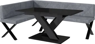 Produktbild von MEBLINI Eckbank für Esszimmer mit ausziehbarem Tisch - Küchenbank - Essecke - Sitzecke Küche - ERIC - X-Beine 142x196x87cm Links - Grau Samt/B Schwarz Hochgl.