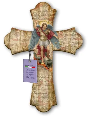 Wandkreuz aus Pappelholz, Hl. Erzengel Michael, 17x24 cm, Vintage