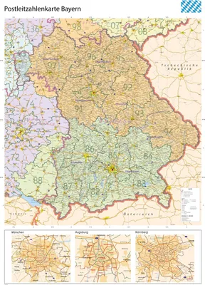 Produktbild von XL Postleitzahlenkarte von Bayern, Wandkarte PLZ, mit Laminierung, reißfest, 2022